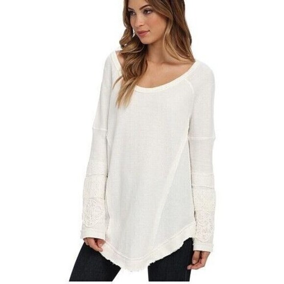 Free People Tops - Free People Womens Ivory Tunic Shirt S/P Long Sleeve Lace Boho Cottagecore Raw